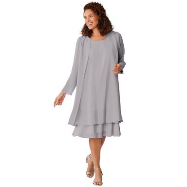 silver grey dress and jacket Woman Within 2-Piece neutral striped dress