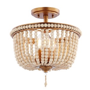 14" LED 3-Light Allie Wood Bead/Iron Pendant Antique Gold/Taupe - JONATHAN Y: Semi-Flush Mount, UL Listed - 1 of 4