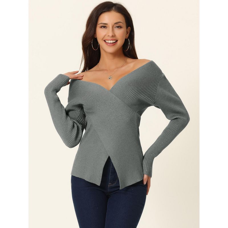 Seta T Women's V Neck Wrap Long Sleeve Criss Cross Casual Pullover Sweater, 2 of 6