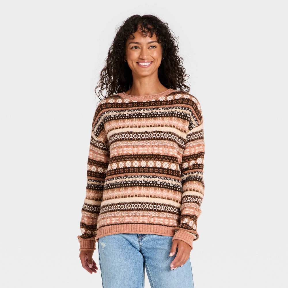 Women's Fairisle Crewneck Pullover Sweater - Universal Thread™ Brown XS
