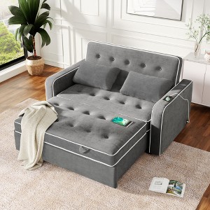 61.4" Pull Out Sofa Bed with Adjustable Backrest, USB Charging Port & 2 Pillows, Waffle Velvet Upholstery, Charcoal Gray - 1 of 4