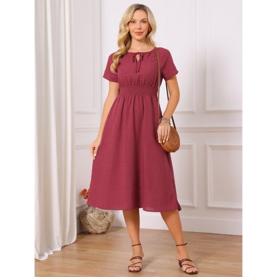 Женские платья INSPIRE CHIC Women's Summer Smocked Waist Short Sleeve Tie V Neck A-line Flowy Beach Midi Dresses X-Large Wine Red — фото 4