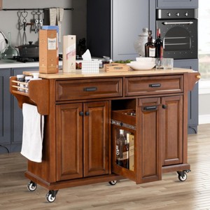 Wood Top Kitchen Island Cart with Wheels, Drawers, Spice Rack, Rolling Storage Cabinet for Kitchen or Dining-The Pop Home - 1 of 4