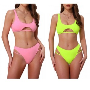 INSPIRE CHIC Women's Ribbed Scoop Neck Top Triangle Bottom Swimwear Bikini Suits 2 Sets - 1 of 4