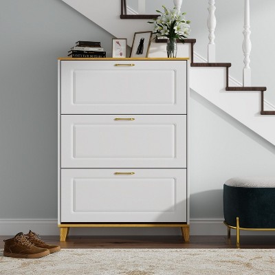 Famapy 35.4"W White Shoe Storage Cabinet with Foldable Compartments and Drawer