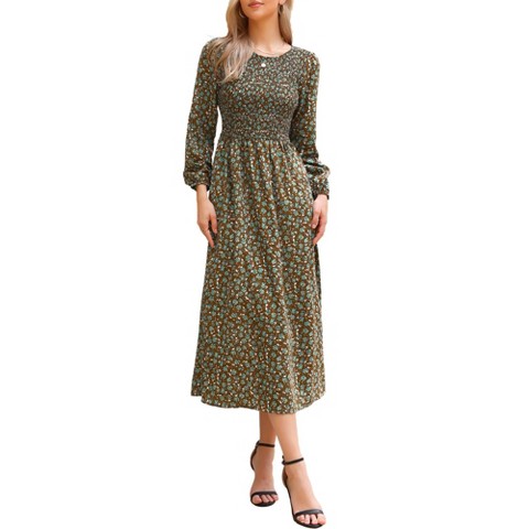 Женские платья INSPIRE CHIC Women's Floral Smocked Long Puff Sleeve A-Line Summer Boho Maxi Dresses Brown X-Large