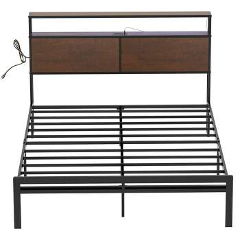 HAUSOURCE Queen Bed Frame with Storage Headboard Metal Platform Bed with Rubberized Stopper,  Noise Free Design and Large Storage Space for Bedroom