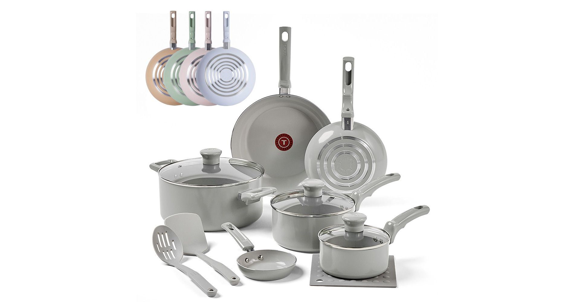 T-fal 12pc Ceramic Nonstick Cookware Set, Refresh Ceramic, Moon Grey