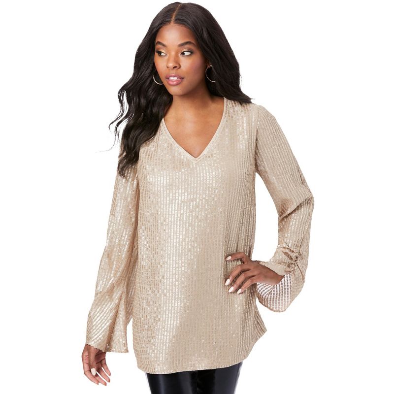 Roaman's Women's Plus Size Sequin-Embellished Georgette Pullover, 1 of 2