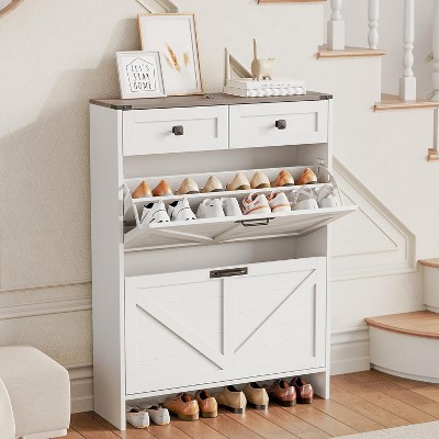 White Shoe Storage Cabinet, Farmhouse Shoe Cabinet Organizer with 2 Flip Drawers, Freestanding Narrow Shoe Rack with 2 Storage Drawers for Entryway