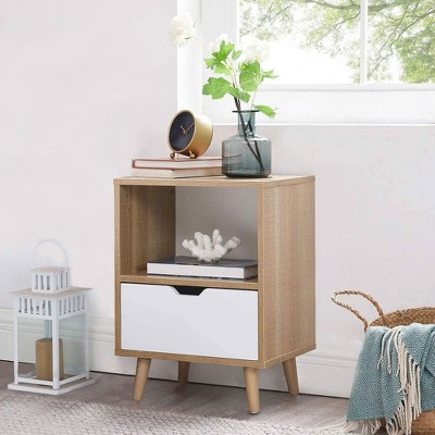 Sweetgo Modern Tan and White Wooden 2-Tier Nightstand Set