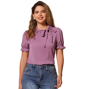 INSPIRE CHIC Women's Bow Tie Neck Solid Color Elastic Cuffs Elegant Office Short Sleeve Blouse - 1 of 4