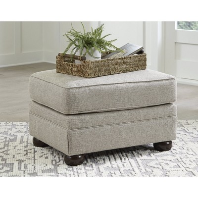 Beige Herringbone Upholstered Ottoman with Bun Legs