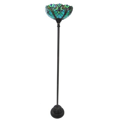 Victorian Green Stained Glass Bronze Torchiere Floor Lamp