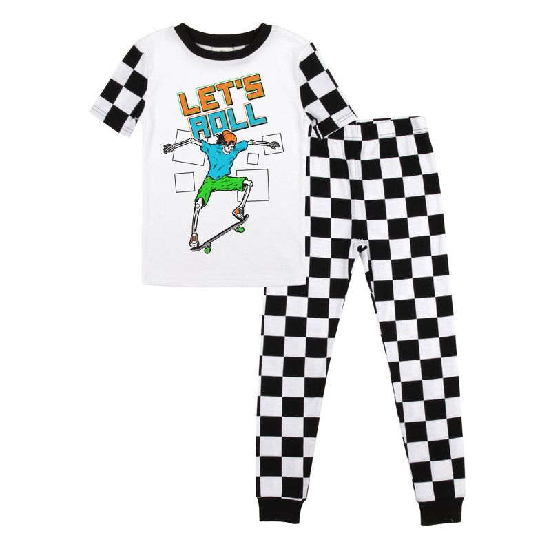 Let's Roll Youth Boy's Black & White Checkered Short Sleeve Shirt & Sleep Pants Set, 1 of 5