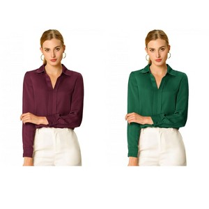 INSPIRE CHIC Women's Elegant V Neck Long Sleeve Office Work Satin Shirt 2 Packs - 1 of 4