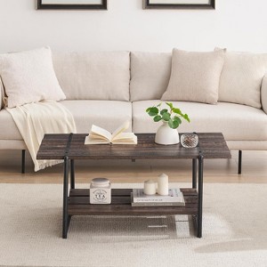 41" Rectangular Coffee Table with 2-Tier Storage, Walnut Brown Top & Black Steel Frame, Sturdy & Space-Saving for Living Room, Office, Apartment - 1 of 4