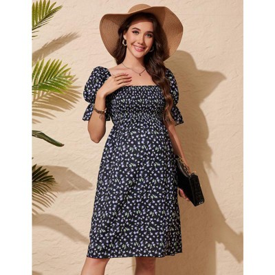 Women's Fashion Maternity Dress Floral Short Sleeves Square Neck Dress Smocked Midi Dress for Babyshower Photography