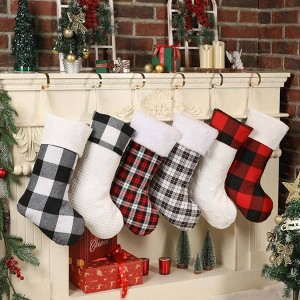 Buffalo Plaid Stockings Set 6 Large Traditional Red and Black Xmas Stockings Mantel Fireplace Hanging Decor Holiday Indoor 20 Inch - 1 of 4