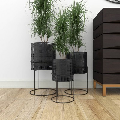 Set of 3 Black Metal Perforated Cylinder Floor Planters