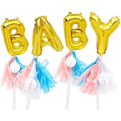 Sparkle and Bash Gold Foil "BABY" Balloons Cake Topper Letters 7.5" with Pink Tassels Baby Shower Party Decorations