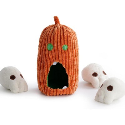 Nocciola 4 Packs Burroween Dog Toys for Halloween,Christmas gift,Spooky Pumpkin Burrow with 3 Squeaky Skulls,Hide and Seek Dog Toys