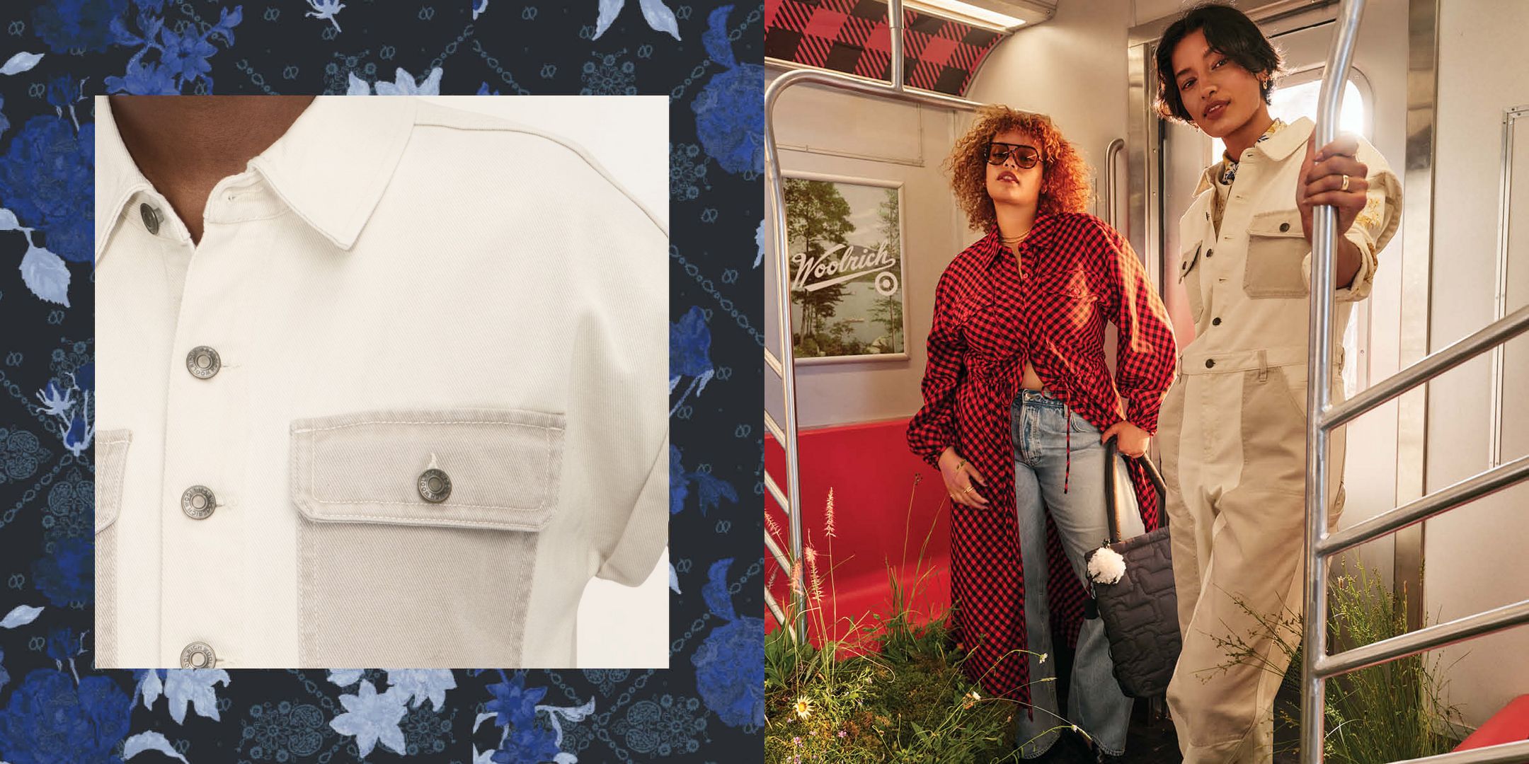 Woman in buffalo check button-up midi dress with jeans and a black quilted tote and tortoise aviator sunglasses. Woman wearing cream short sleeve western jumpsuit. 
