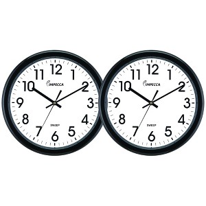 Impecca 14 Inch Sweep Movement Wall Clock, Black, 2-Pack - 1 of 4