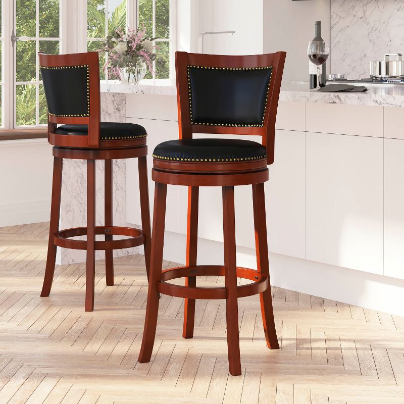 Merrick Lane Amara Series Wooden Stool with Open Panel Back with Faux Leather Accent and Seat, 3 of 9