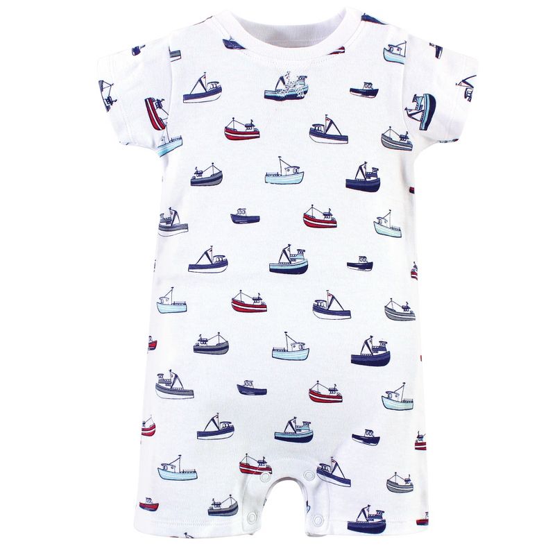 Touched by Nature Baby Boy Organic Cotton Rompers 3pk, Fishing Boats, 5 of 6