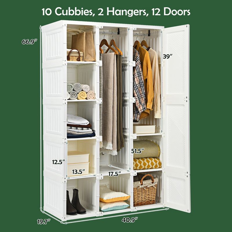 Costway Portable Closet Clothes Foldable Armoire Wardrobe Closet w/10 Cubes, Hanging Rods, 3 of 11