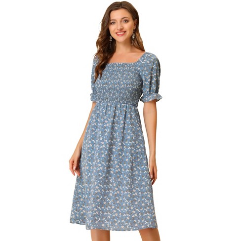 Allegra K Women's Square Neck Puff Sleeves Casual Midi Smocked Floral Dress  Dusty Blue X-small : Target