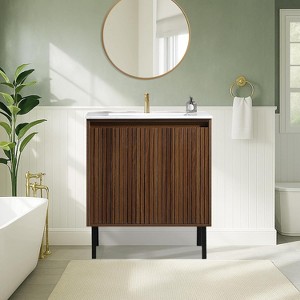 UNISOAR 24"/30"/36" Modern Bathroom Vanity with Ceramic Sink, Free Standing or Wall Mounted Floating Cabinet With 2 Soft Close Doors, Black/Walnut - 1 of 4