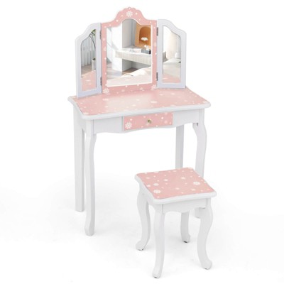 Infans Kids Vanity Set Toddler Makeup Table & Stool w/ Tri-folding Mirror Drawer
