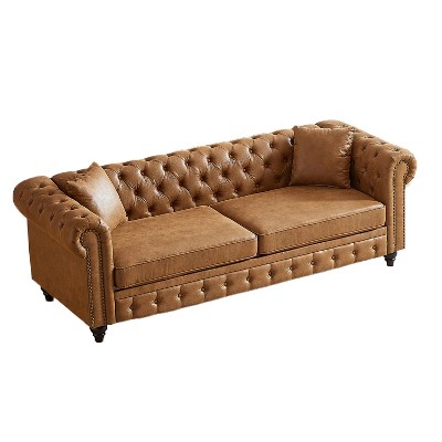 NicBex Button Tufted 85.5 Inch 3-seater Sofa with Rolled Arms and 2 Pillows for Office,Living Room,Apartment,Brown