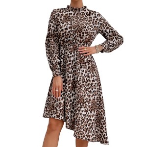 Anna-Kaci Women's Long Sleeve Leopard Print Midi Dress with High Neckline and Asymmetrical Hem - 1 of 4