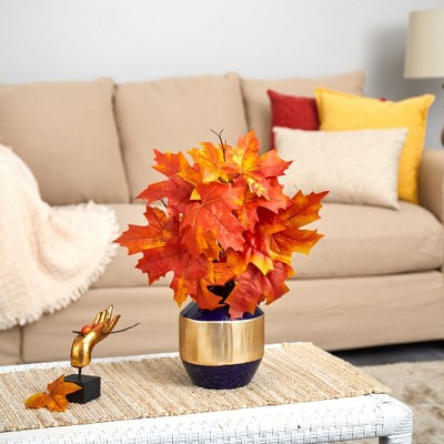 Nearly Natural 18-in Autumn Maple Leaf Artificial Plant in Blue and Gold Planter