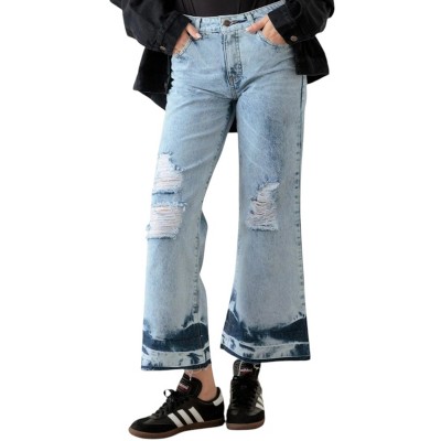 Slickblue Women's Cropped Acid Washed Denim, Raw Flare Hem, Stretch Fit, Zipper Closure, Size 26/3-27/5, Blue