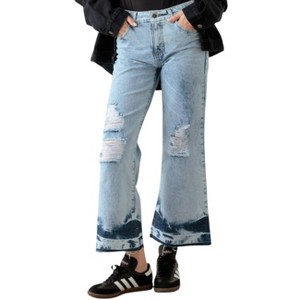 Slickblue Women's Cropped Acid Washed Denim, Raw Flare Hem, Stretch Fit, Zipper Closure, Size 26/3-27/5, Blue - 1 of 4