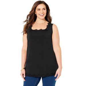 Catherines Women's Plus Size Square-Neck Lace Trim Tank - 1 of 2