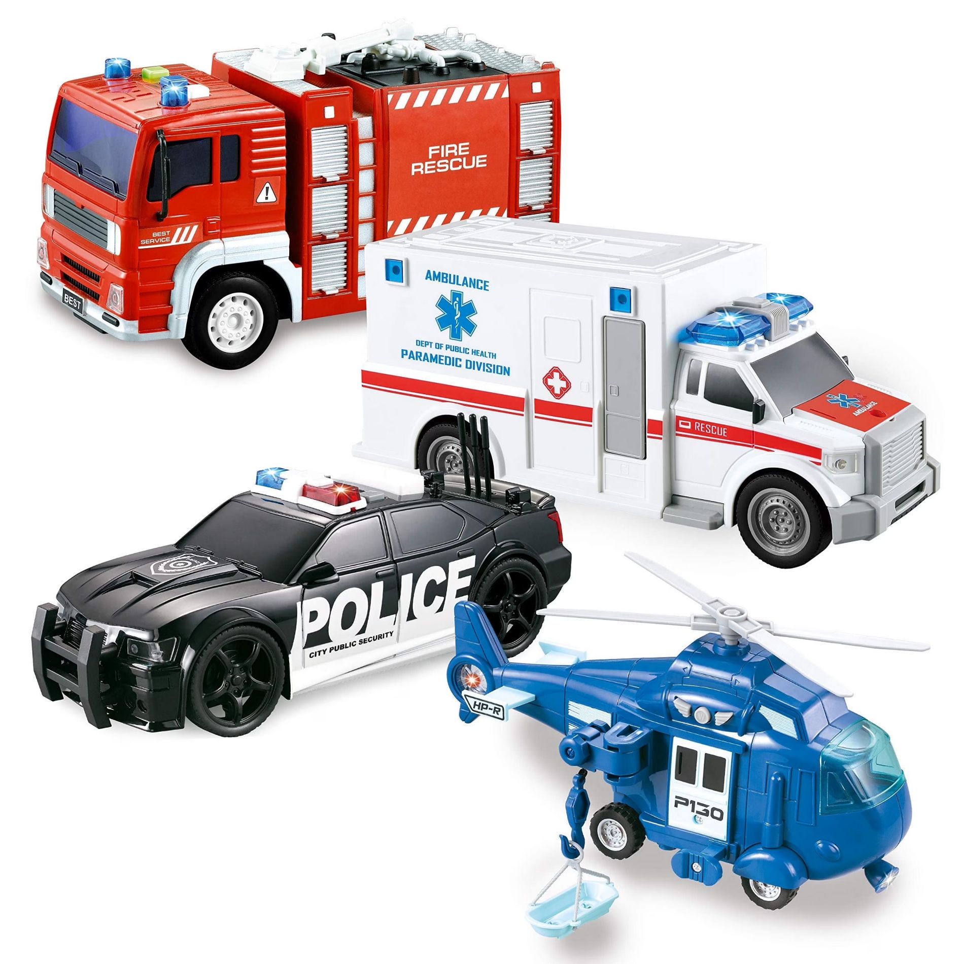 Joyfy 4-Pack Emergency Vehicle Toy Set with Light & Sound - Fire Truck, Ambulance, Police Car & Helicopter, Christmas Gifts Toys for Kids 3 4 5 6