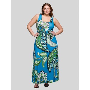 24seven Comfort Apparel Plus Size Blue Paisley Print Scoop Neck A Line Sleeveless Maxi Dress - 1 of 4