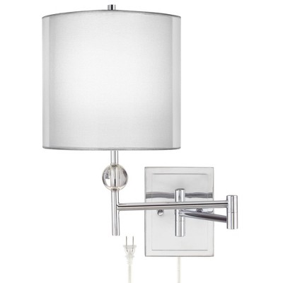 Possini Euro Design Modern Swing Arm Wall Lamp Chrome Plug-In Light Fixture Sheer Silver White Drum Double Shade Bedroom Bedside