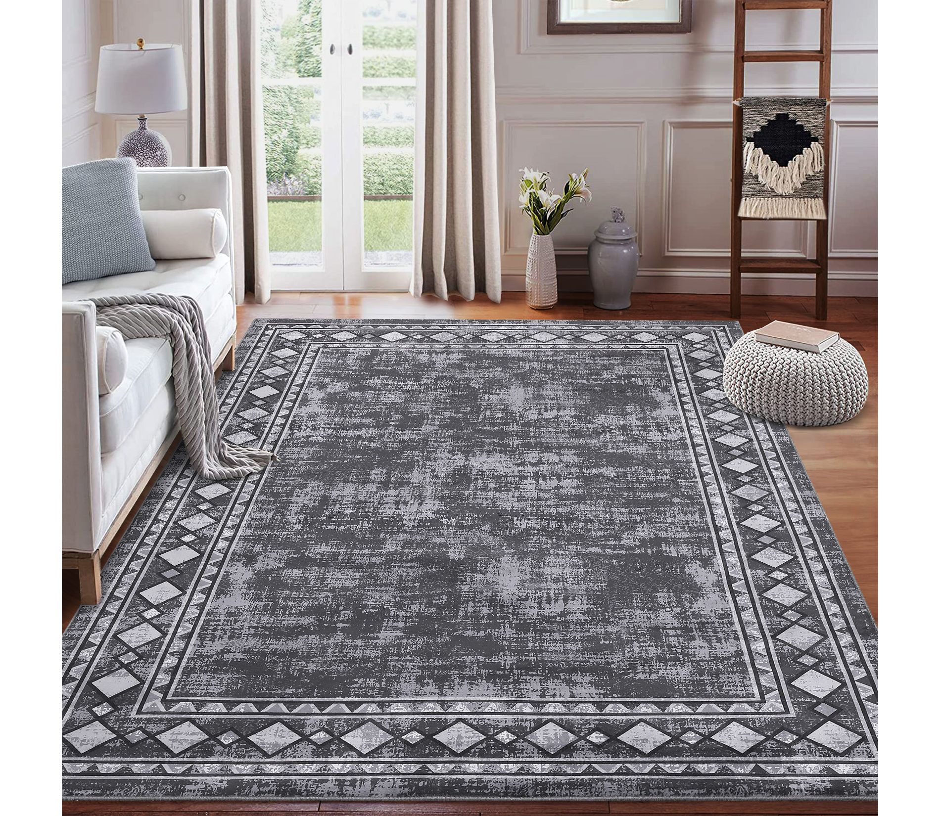 Modern Bordered Area Rug Machine Washable Rug Low Pile Non-Slip Accent Rug, 9'x12'