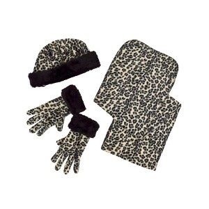 Women's Leopard 3-Piece gloves scarf Hat Fur Trim Winter Set - 1 of 3