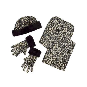 Women's Leopard 3-Piece gloves scarf Hat Fur Trim Winter Set