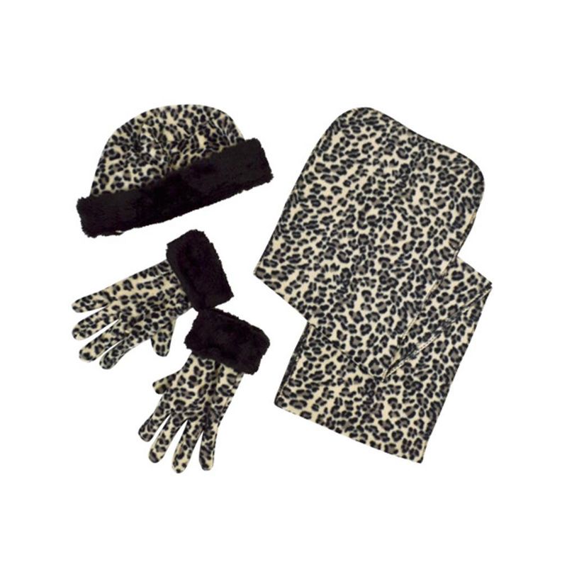 Women's Leopard 3-Piece gloves scarf Hat Fur Trim Winter Set, 1 of 4