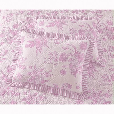 Full Blue Cotton Floral Quilt Set with Ruffled Shams