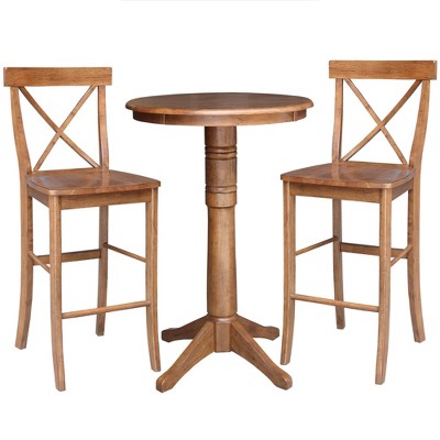 Set of 3 30" Lindy Round Pedestal Gathering Height Table with 2 X Back Bar Height Stools Dining Sets Distressed Oak - International Concepts