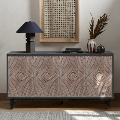 60" Mid Century Sideboard Buffet Kitchen Storage Cabinet, with 4 Convex pattern diamond Doors and 2 Shelves Accent, for Entrance, Hall